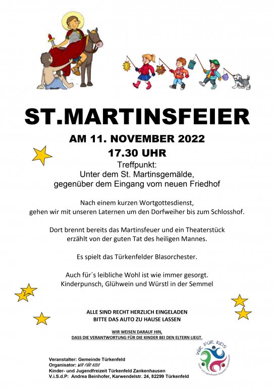 Plakat - Wir für Kids lädt ein zur St. Martinsfeier am 11. November 2022 um 17:30 Uhr