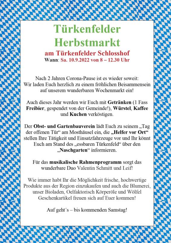Plakat zum Türkenfelder Herbstmarkt am 10.09.2022